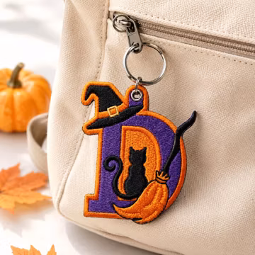 Embroidered Custom Halloween Initial Keychain, Personalized Black Cat Witch Patch, Spooky Ornament and Bag Charm, Witch Hanging Decor