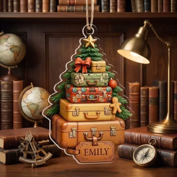Personalized Travel Christmas Ornament Vintage Luggage Stacked Tree Custom Name Traveler Gift Acrylic Holiday Tree Decoration