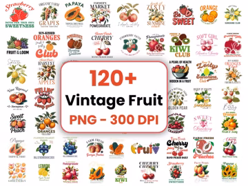 120+ Vintage Fruit PNG Clipart Bundle, Sublimation Designs (Commercial Use)