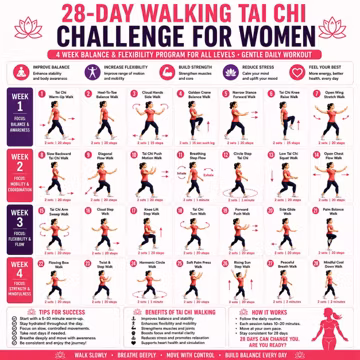28 Day walking Tai Chi Challenge for Women Printable PDF - 4 Week Balance & Flexibility Program for All Levels Gentle Daily Workout Poster