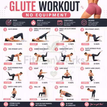 Glute Workout No Equipment Printable PDF, Glutes Exercise Chart, Lower Body Home Workout Poster For Legs And Glutes