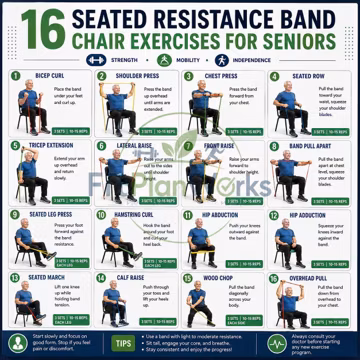 Seated Resistance Band Chair Exercises For Seniors, Chair Mobility Training Workout Chart Elderly Fall Prevention Home Exercise Poster PDF
