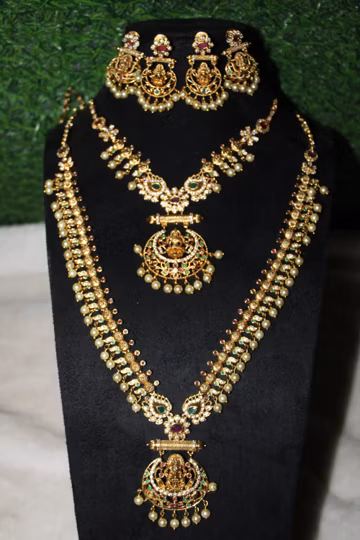 Lakshmi Temple Bridal Jewelry Set | Long Haar + Short Necklace + Jhumka Earrings | Pearl & Ruby Stones