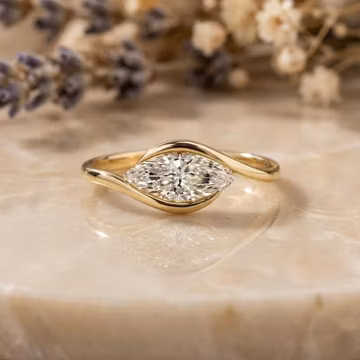 Solitaire East West Ring, Marquise Cut Moissanite Diamond Engagement Ring, Yellow Gold Bypass Shank Wedding Ring , Precious Gift For Her