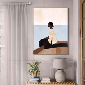 Woman By Horizon Coastal Painting, Original Hand-Painted Earth Tone Canvas, Minimalist Landscape Wall Art, Large Modern Neutral Decor