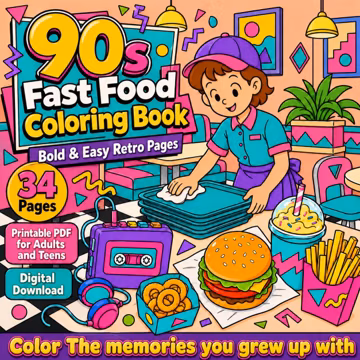 90s Fast Food Coloring Book, Retro Pages, Adults Teens (Digital Download)