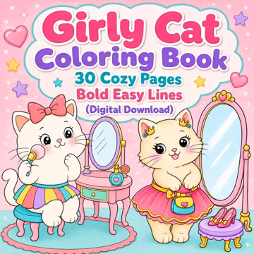 Girly Cat Coloring Book, 30 Cozy Pages, Bold Easy Lines (Digital Download)