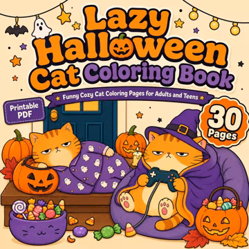 Lazy Halloween Cat Coloring Book, Funny Cozy Pages (PDF Download)