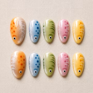 Whimsical Fish Press On Nails with Cat Eye Effect, Colorful Summer Beach Fake Nails