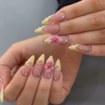 Cream Yellow French Tip Press on Nail Set, Custom 3D Pink Flower Accent Reusable Fake Nails, Soft Pastel Aesthetic Handmade Design Spring