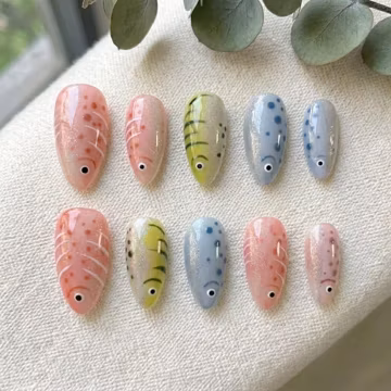Fish Press on Nails, Cute Summer Cat Eye Fake Nails, Ocean Animal Gel Nails, Whimsical Almond Nails, Custom Pastel Pink Blue Nails