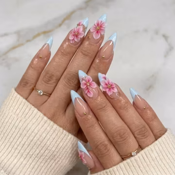 Light Blue French Tip Press On Nails | Almond Fake Nails with 3D Pink Flowers & Gold Bead Charms, Elegant Spring Reusable Acrylic Nails