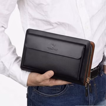 Men's Genuine Split Leather Clutch Wallet, Double Zipper Organizer Bag