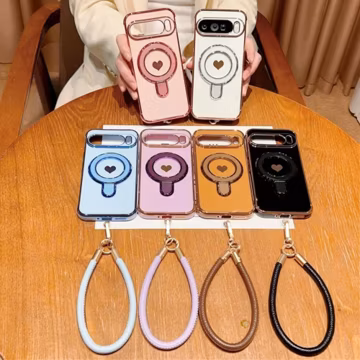 Cute Love Heart Wrist Strap Bracket Case for Google Pixel 8 9 10 Pro XL 9A 8A 7A | Ring Holder Stand Lanyard Plating Cover