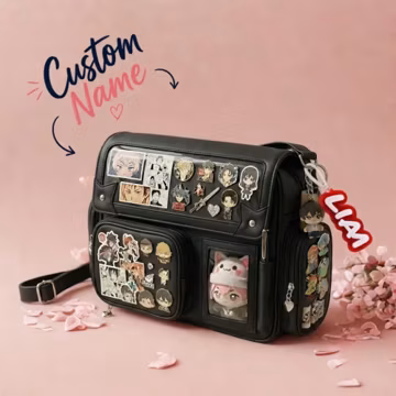 Ita Bag Backpack Black, Multi Clear Display Window, Kawaii Anime Pin and Plush Bag, Everyday Ita Bag, Crossbody Messenger Bag for Collectors