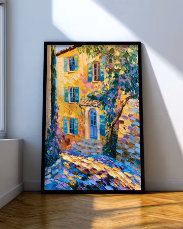 Mediterranean Village Wall Art: Yellow House Landscape Decor