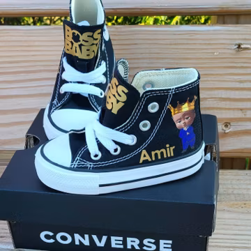 Black Boss Baby Converse, Black With Gold Wording and Name, Personalized, Infant Baby Toddler Sizes, Many Colors