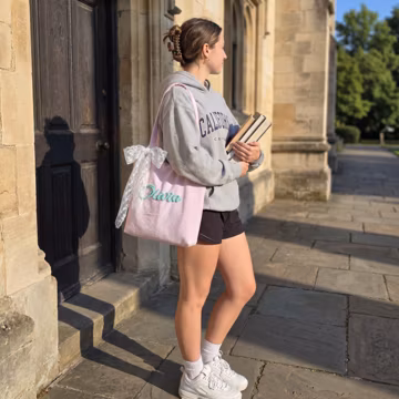 Sorority Rush Bag with Chenille Name Patch, Personalized Seersucker Shoulder Tote, Bid Day College Gift, Custom Monogram Greek Life Book Bag