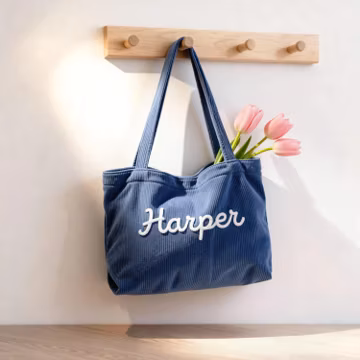 Custom Chenille Name Tote Bag, Personalized Corduroy Work Purse with Zipper, Bridesmaid Gift Bag, Teacher Appreciation Gift, Beach Tote