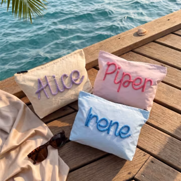 Destination Wedding Bridesmaid Gift, Custom Chenille Name Makeup Bag, Bachelorette Party Favors, Girls Trip Pouch, Tropical Cruise Travel