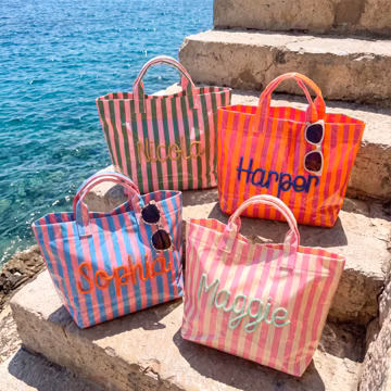 Personalized Striped PVC Tote Bag, Custom Name Bridesmaid Gift for Bridal Party