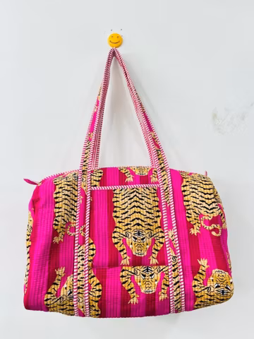 Hot Pink Tiger Print Quilted Duffel Bag, Kantha Stitch Boho Weekender