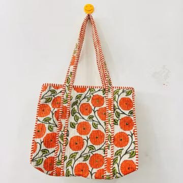Handmade Floral Kantha Tote Bag | Quilted Cotton Shoulder Bag
