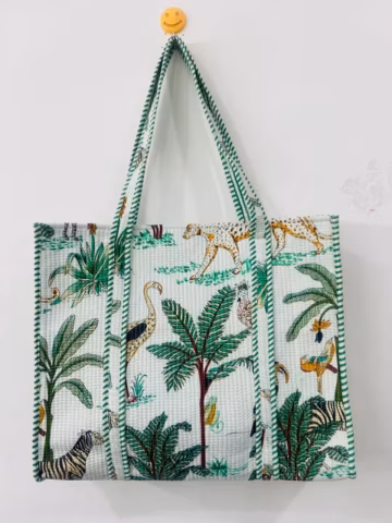 Handmade Jungle Print Cotton Tote Bag | Reusable Market Bag