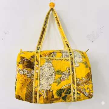 Yellow Floral Quilted Duffel Bag, Handmade Cotton Weekender