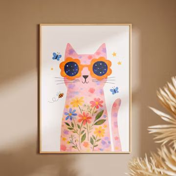Cat with Glasses Print, Floral Cat Poster, Kids Room Wall Art, Girls Room Decor, Unframed