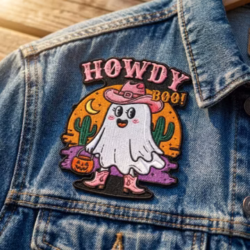 Cute Ghost Cowboy Halloween Patch, Western Ghost Embroidered Patch, Spooky Cowgirl Iron On Patch, Pumpkin Hat Jacket Backpack Applique