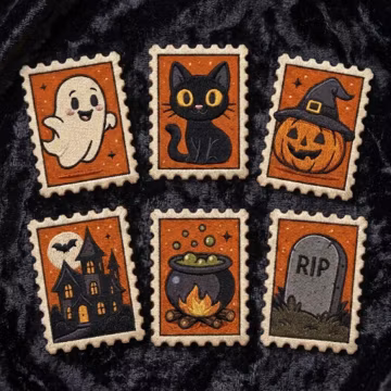 Halloween Stamp Patch Set, Ghost Black Cat Pumpkin Witch Cauldron Embroidered Patch, Spooky Iron On Patch, Halloween Jacket Backpack Decor
