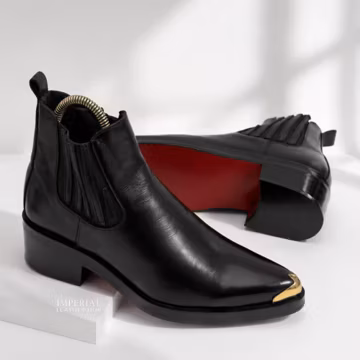 Men's Black Leather Chelsea Boots | Pointed Toe Gold Cap Dress Ankle Boots