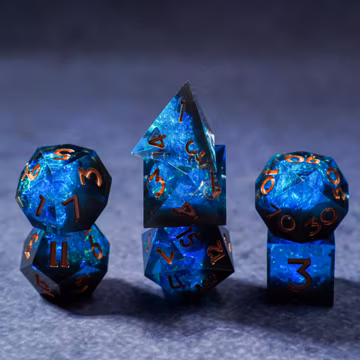 Deep Sea Blue Glitter Resin Dice Set, Iridescent Sharp Edge DnD Dice
