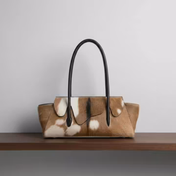 Cowhide Handbag, Pony Hair Bag, Brown White Hair on Hide Tote, Structured Top Handle Leather Purse