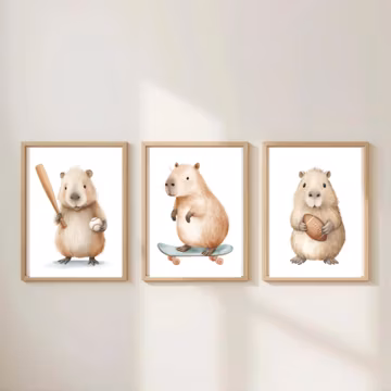 Capybara Sports Wall Art SET - 3 Nursery Animal Prints Boy Room Print Digital Download
