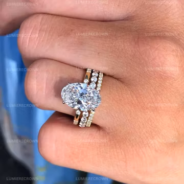 Oval Engagement Ring, Distance Pave 14K Solid Gold Moissanite Ring With Double Band, Full Eternity Bubble Band, Wedding Ring Set For Women
