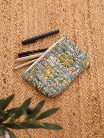 Hand Block Print Quilted Cotton Pouch, Jaipur Floral Travel Organizer Bag