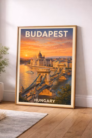 Chan Bridge Budapest - Parliament building - Danube river - Hungary - capital - old town - travel - river - art - poster - vintage artwork