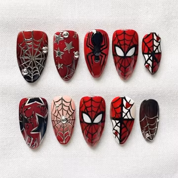 Hand Painted Spider-man Press On Nails | Cartoon Marvel Nails | Tom Holand Nails | Almond Nails | Spooky Comic Style | Design Nail Art