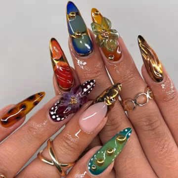 Handmade Aura Tortoiseshell Press On Nails | 3D Floral & Chrome, Indie Sleek Aesthetic | Long Stiletto Nails For Music Festival, Bold Mood