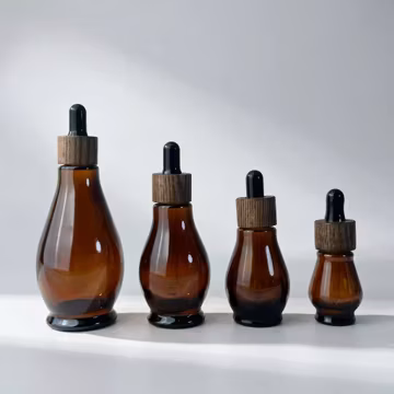 10ml 30ml 50ml 100ml Amber Glass Dropper Bottle with Wooden Cap, Refillable Serum Essential Oil Container, Apothecary Packaging