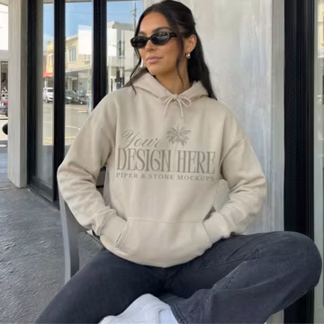 Gildan 18500 sand hoodie mockup, G185 hooded sweatshirt, female lifestyle, streetwear, minimal, neutral, beige, POD, print on demand