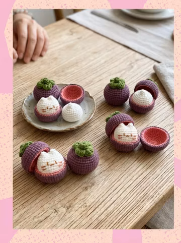 Crochet Cat in Mangosteen Pattern PDF, Amigurumi Kawaii Plushie Tutorial, Cute Fruit Animal, Digital Download Gift