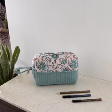Handmade Velvet Cosmetic Bag, Floral Handblock Print Travel Toiletry Pouch
