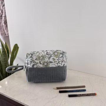 Hand Block Printed Cotton Toiletry Bag Set: Quilted Travel Accessory