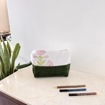 Hand Block Printed Cotton Toiletry Bag Set: Quilted Travel Accessory