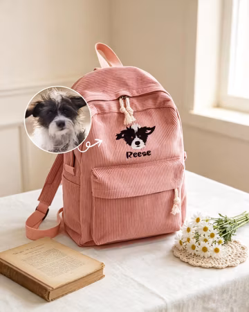 Custom Pet Portrait Embroidery Corduroy Backpack,Personalized Dog Cat Name Bag,Custom Pet Photo Backpack, Corduroy School Bag,Pet Lover Gift