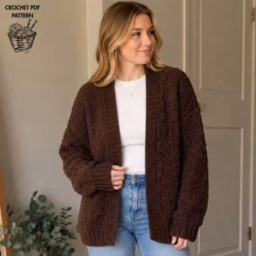 Coffeehouse Crochet Cardigan Pattern PDF, Oversized Textured Cardigan, Cozy Crochet Sweater, Women's Cardigan XS-5XL, Instant Download.