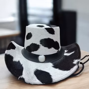 Handmade Cowhide Pony Hair Cowboy Hat Black White Leather Western Style Hat